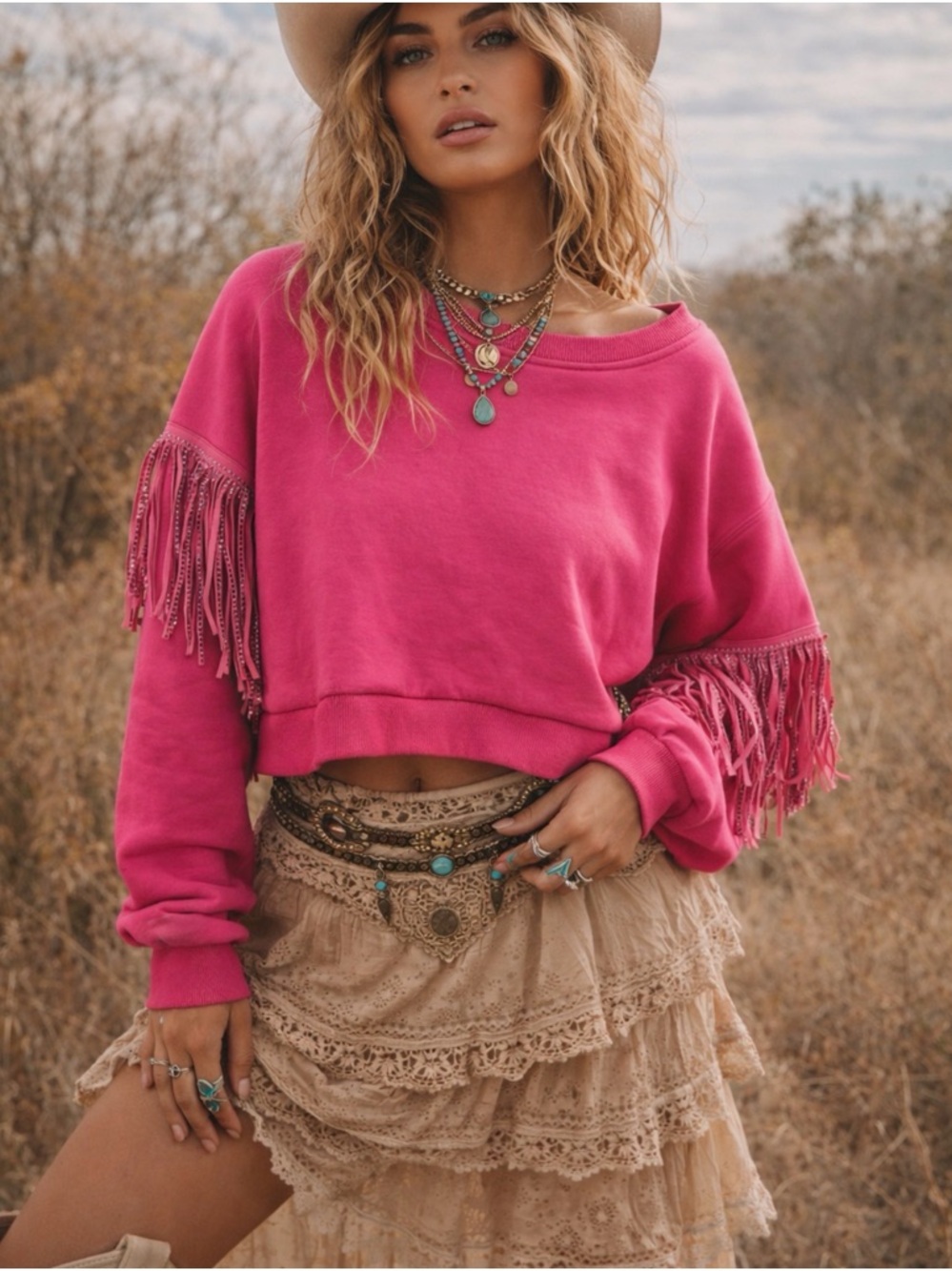 Hot Pink Fringe Cropped Sweatshirt
